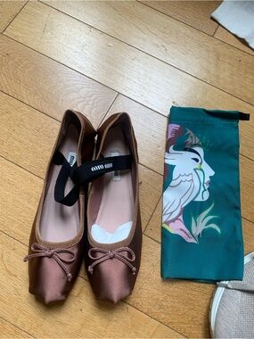 Miu Miu Bronze Satin Bow Ballet Flats with Ankle Strap